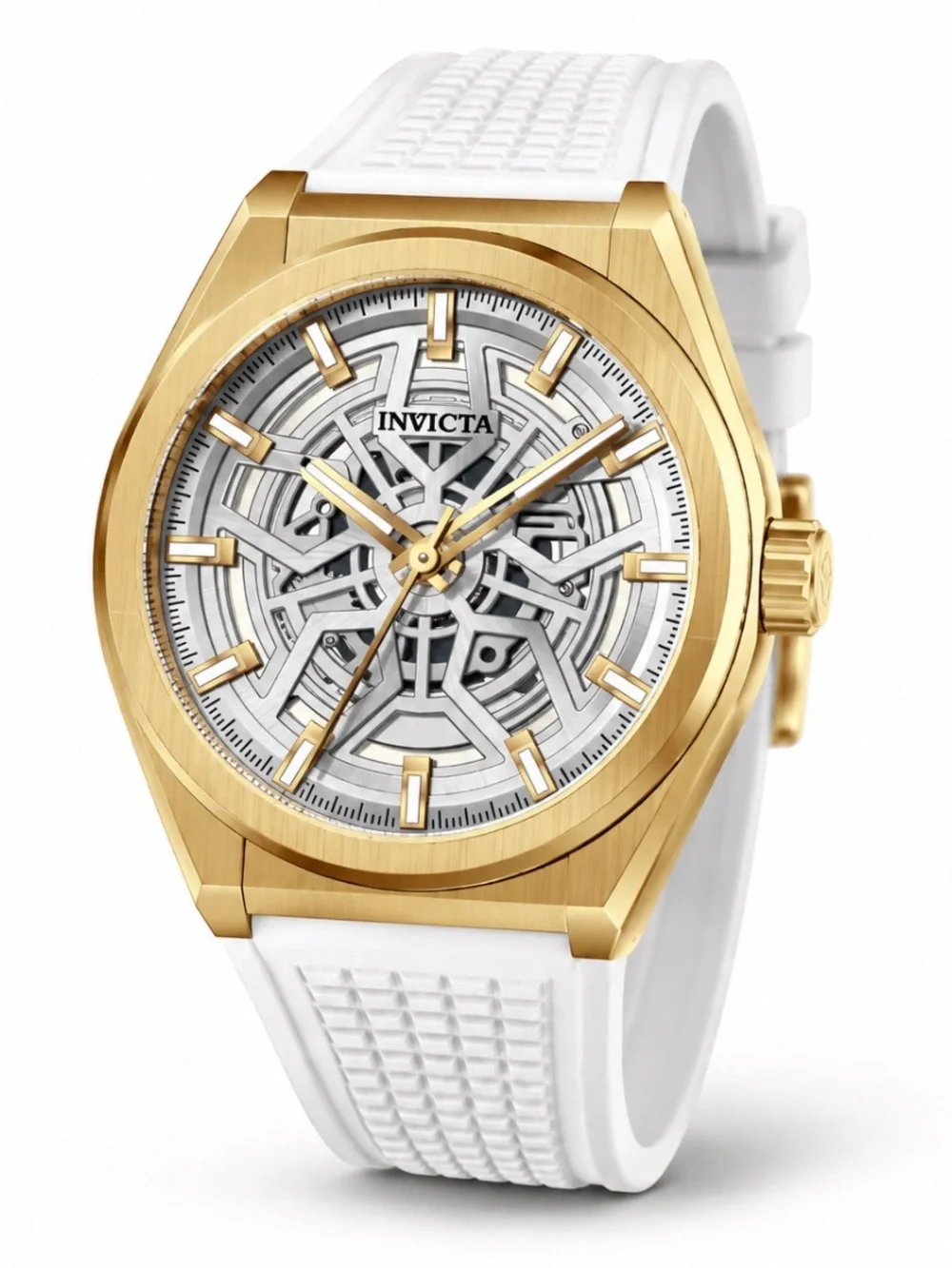 Invicta Gold-Tone Case with White Silicone Strap Skeleton Dial Watch